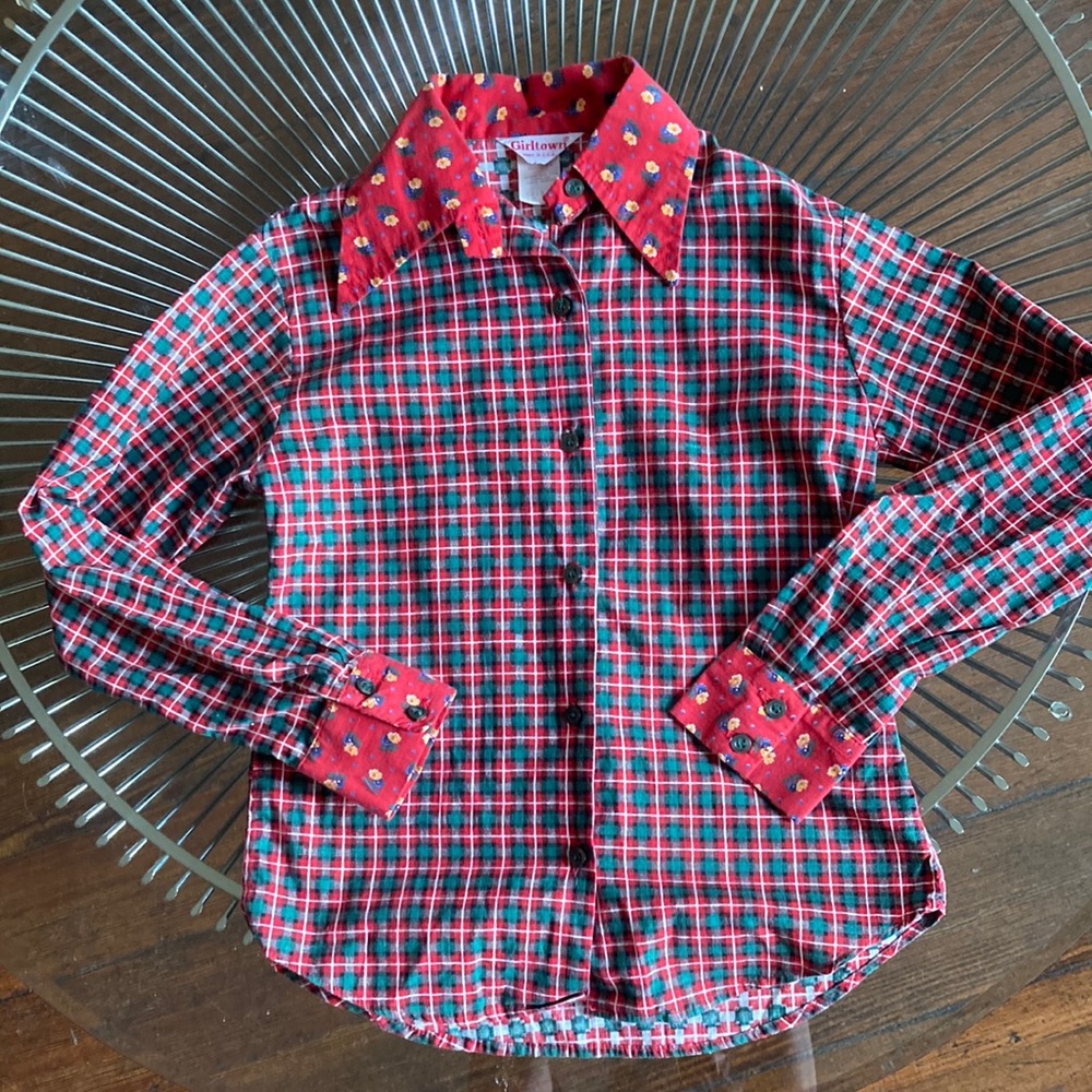 Vintage 70s plaid and floral print button up shirt size 10